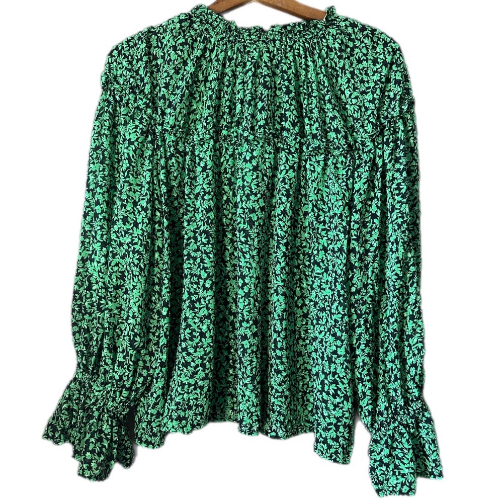 Who What Wear Blouse Womens XXL Green Black Floral Smocked‎ Neck Excellent Boho